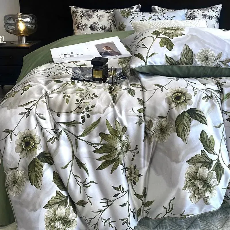 FLYTONN-Vintage Green Botanical Flowers Duvet Cover Set 600TC Egyptian Cotton Luxury Soft Bedding set Quilt Cover Bed Sheet Pillowcases