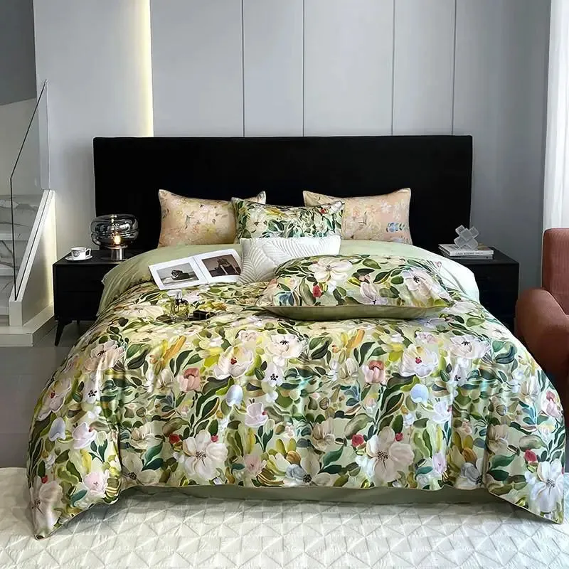 FLYTONN-Vintage Green Botanical Flowers Duvet Cover Set 600TC Egyptian Cotton Luxury Soft Bedding set Quilt Cover Bed Sheet Pillowcases