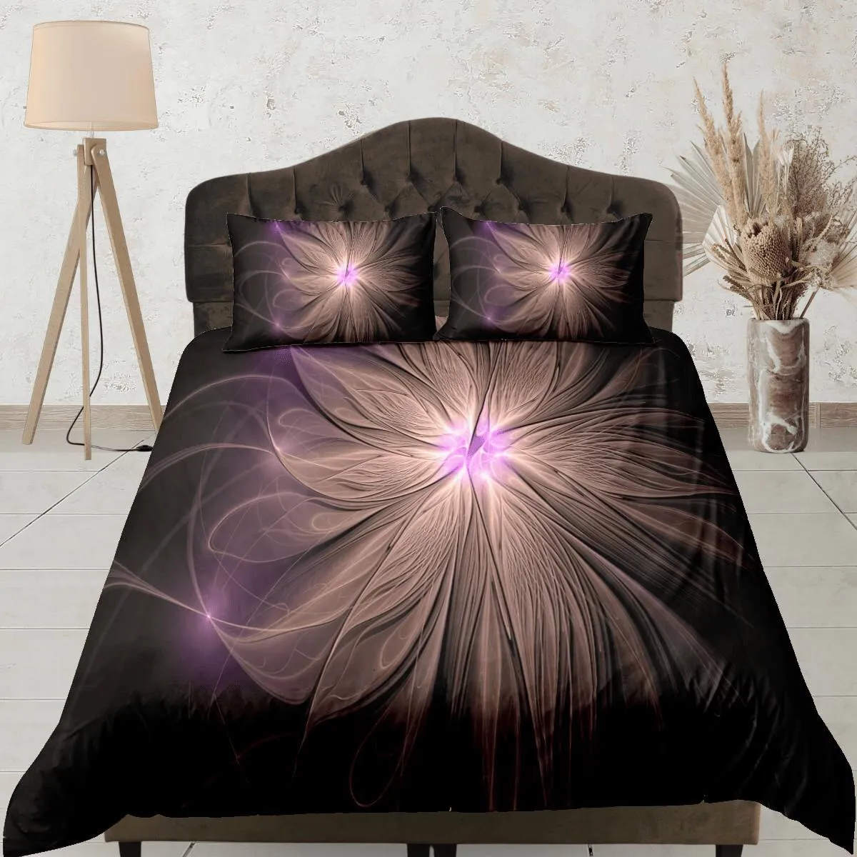 Fractal flower abstract ray of light duvet cover boho bedding set full, queen, king, dorm bedding, aesthetic room decor maximalist bedspread