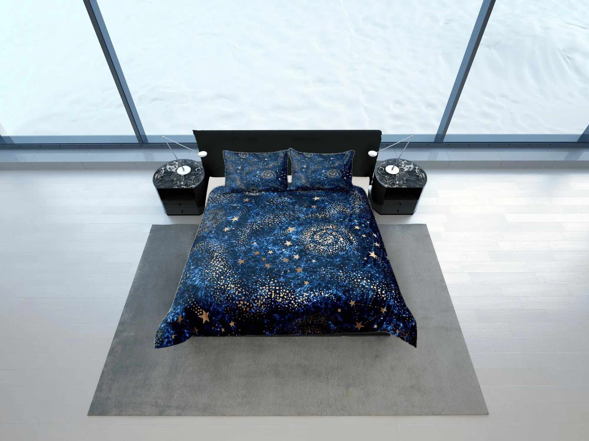 Galaxy Blue Duvet Cover Set Starry Night Bedspread, Dorm Bedding with Pillowcase