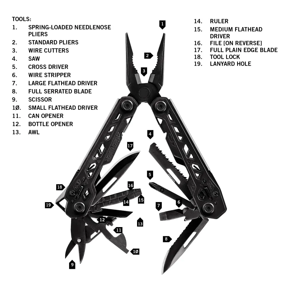 Gerber Gear Truss 17-in-1 Needle Nose Pliers Multi-tool with MOLLE Sheath - Multi-Plier, Pocket Knife, Serrated Blade, Screwdriver, Bottle Opener - EDC Gear and Equipment - Black