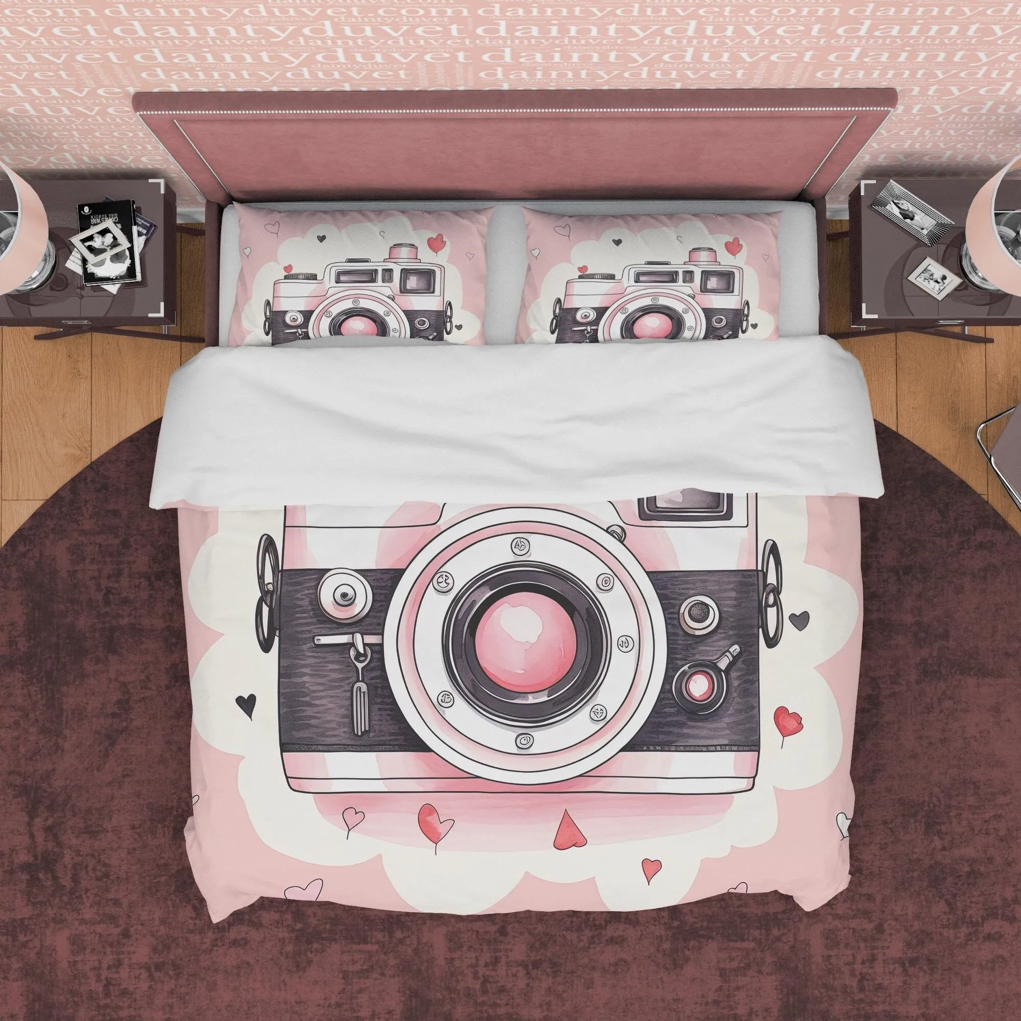 Girly Pink Retro Photography Pattern Duvet Cover Vintage Camera Bed Cover, Unique Girls Room Quilt Cover, Photographers Blanket Cover