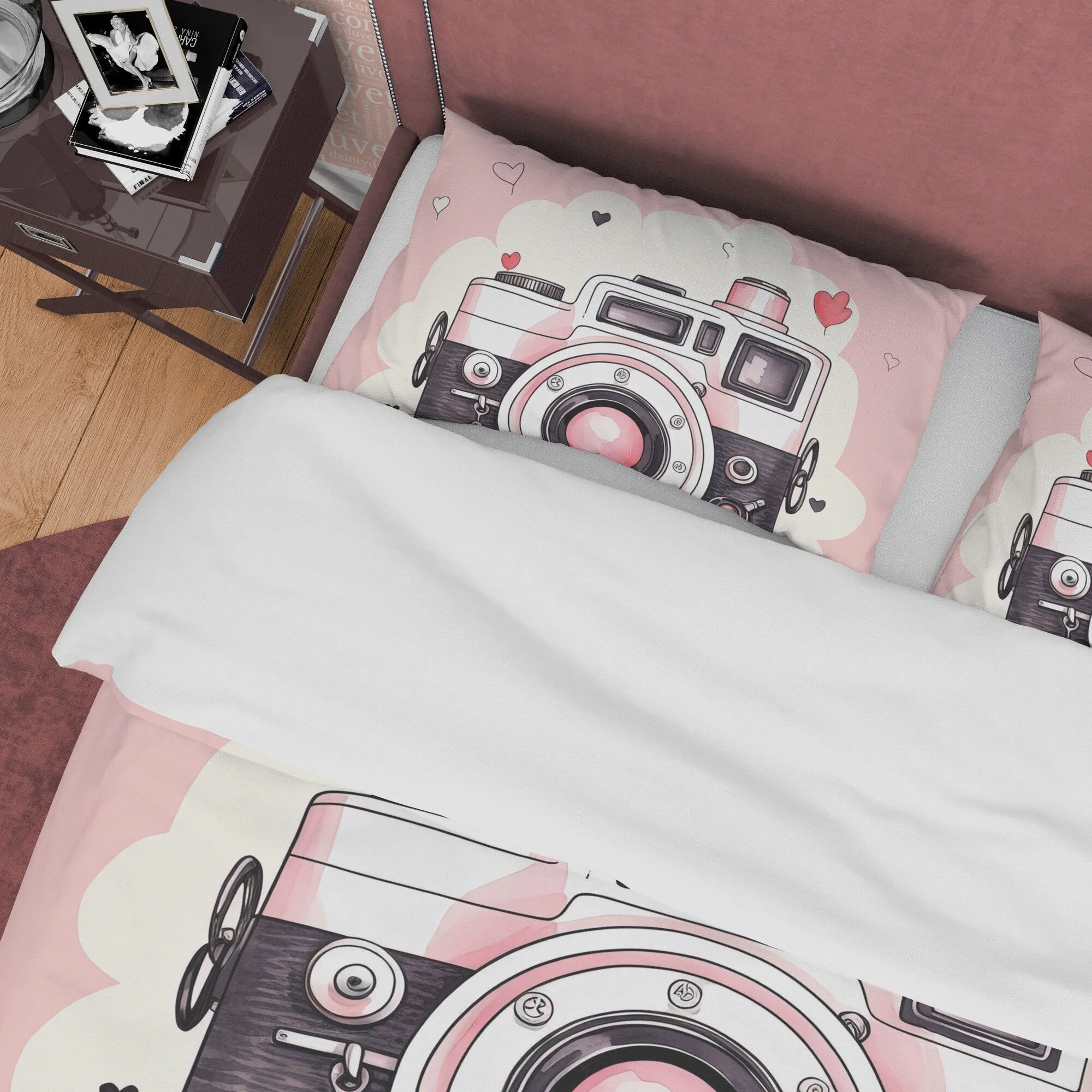 Girly Pink Retro Photography Pattern Duvet Cover Vintage Camera Bed Cover, Unique Girls Room Quilt Cover, Photographers Blanket Cover