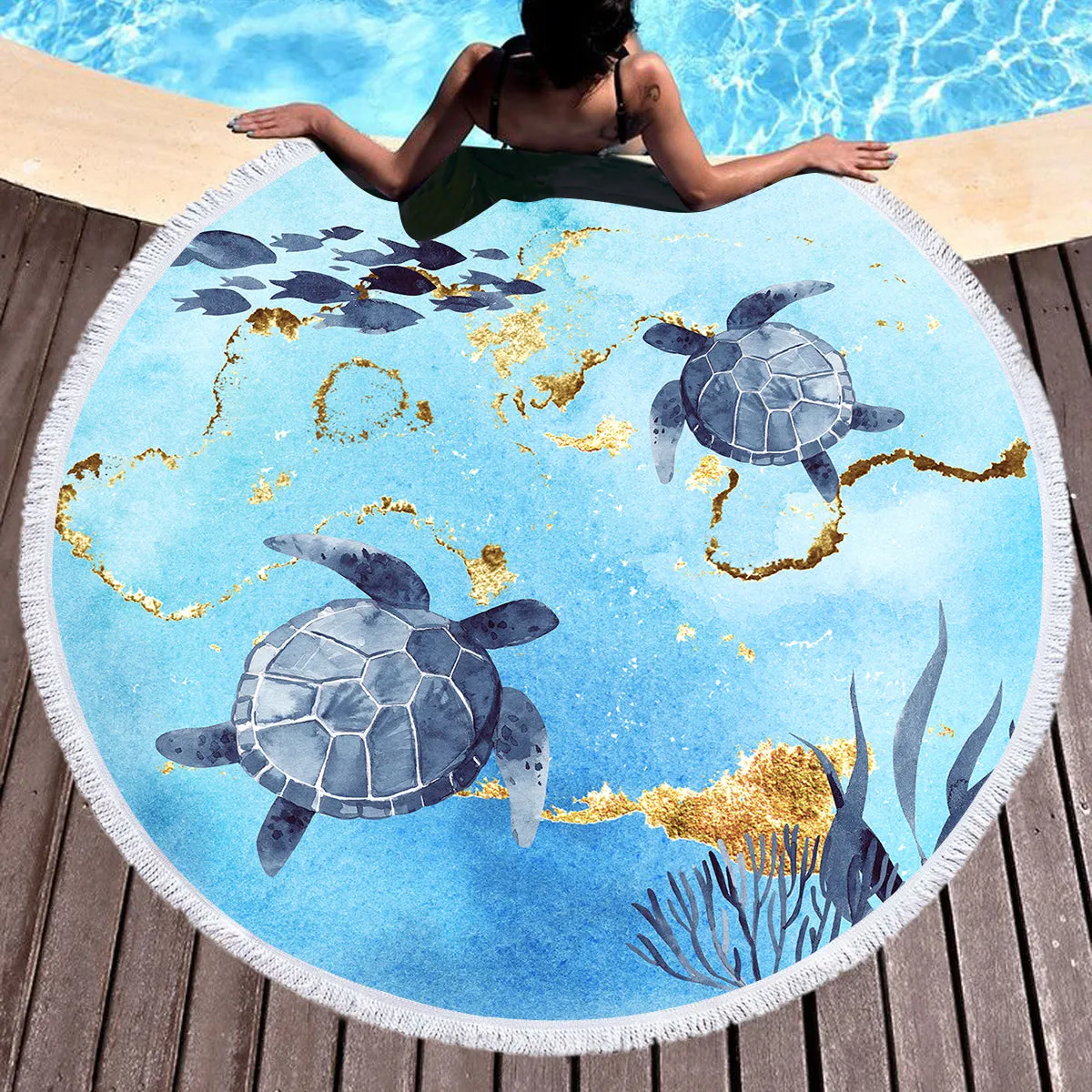 Golden Sea Turtle Bay Round Beach Towel