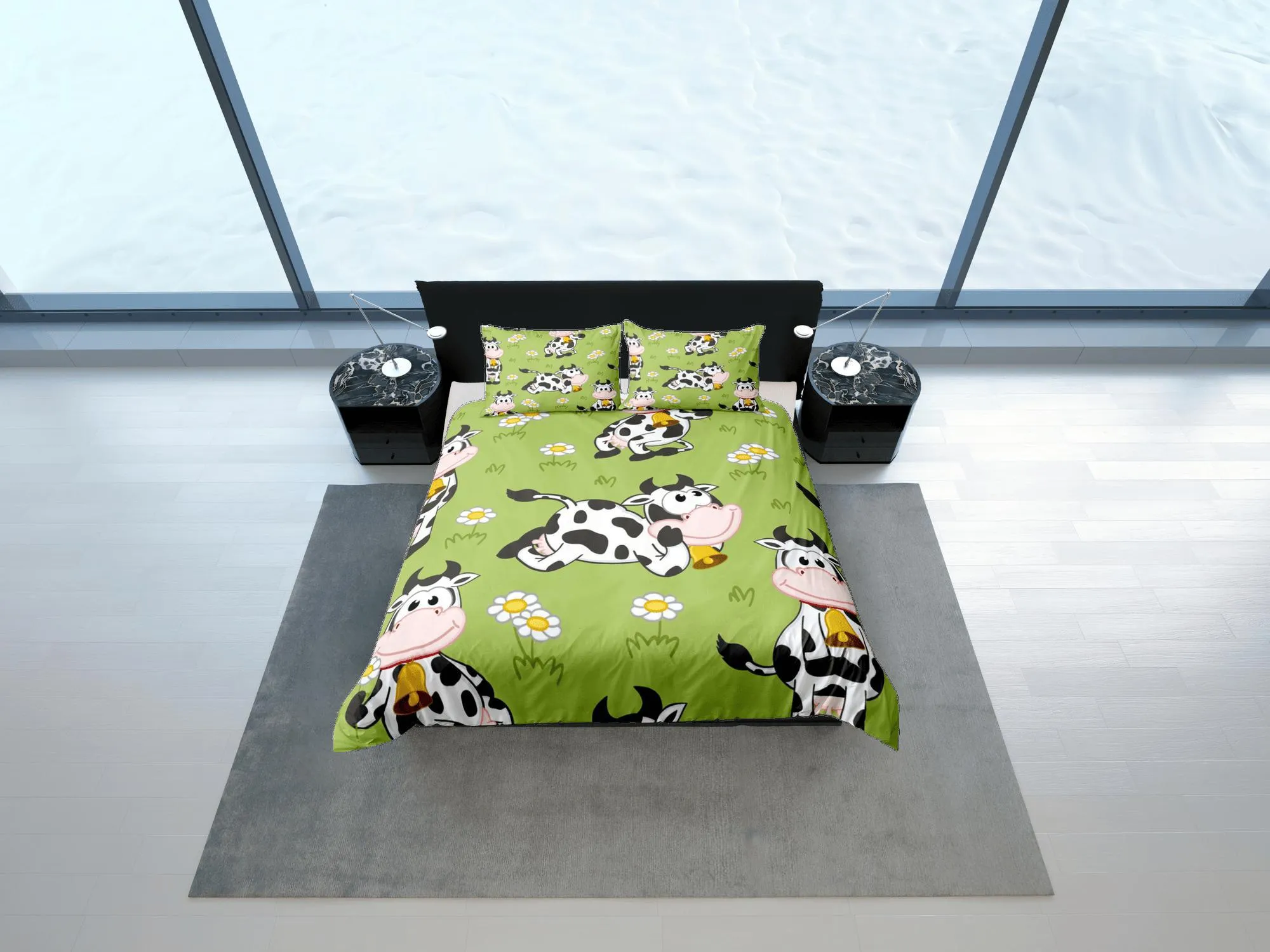 Happy Cow Green Duvet Cover Set Colorful Bedspread, Kids Full Bedding Set with Pillowcase, Comforter Cover Twin