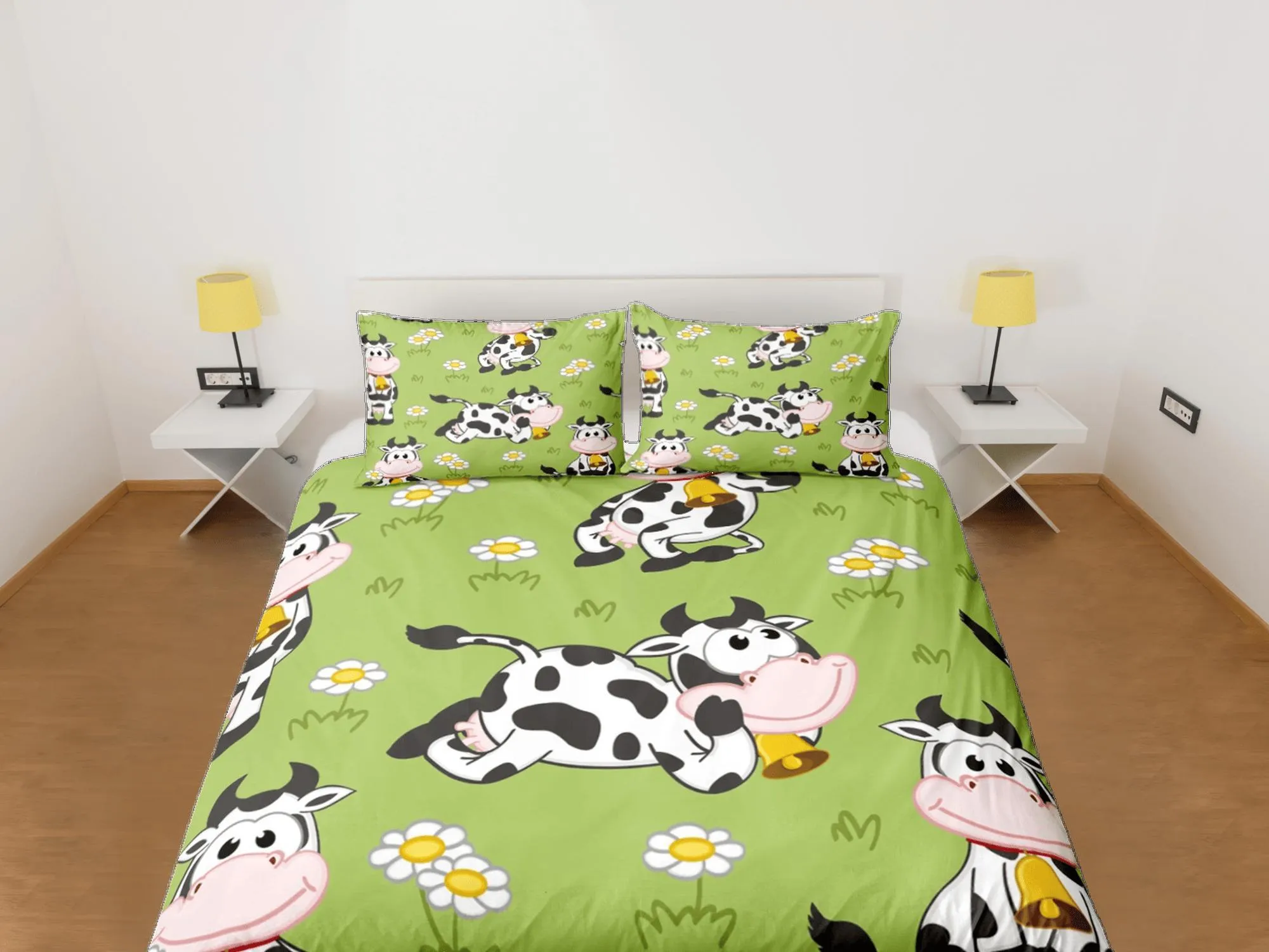 Happy Cow Green Duvet Cover Set Colorful Bedspread, Kids Full Bedding Set with Pillowcase, Comforter Cover Twin