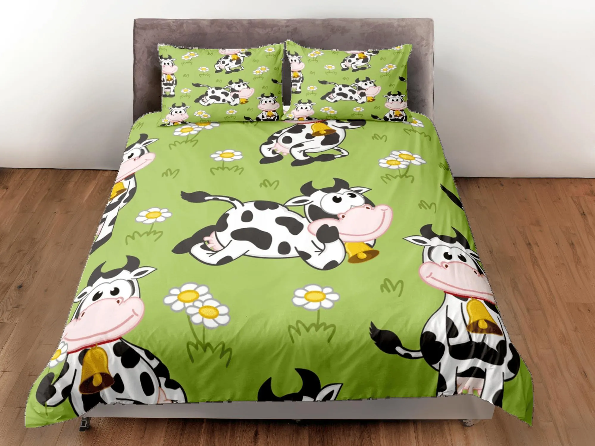 Happy Cow Green Duvet Cover Set Colorful Bedspread, Kids Full Bedding Set with Pillowcase, Comforter Cover Twin