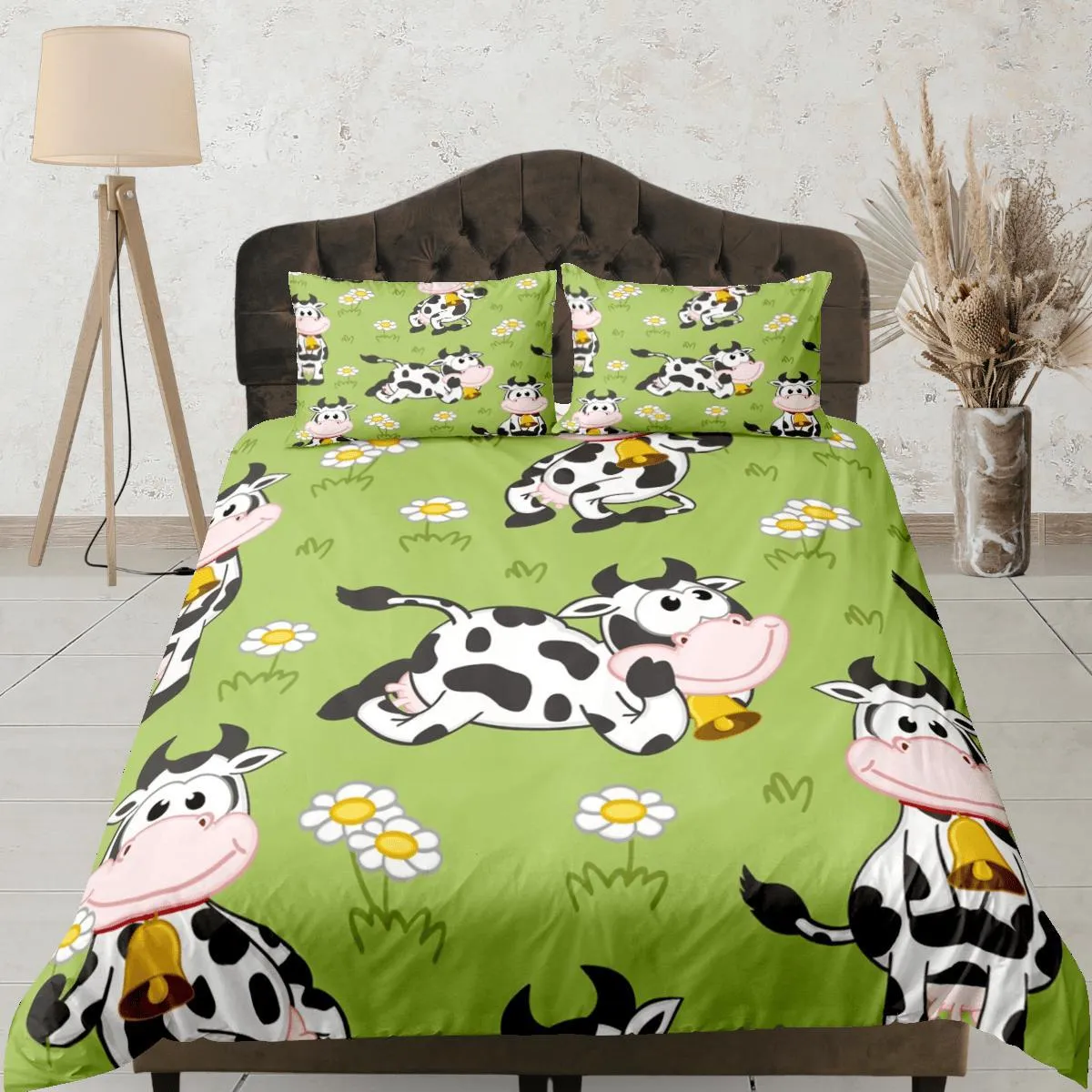 Happy Cow Green Duvet Cover Set Colorful Bedspread, Kids Full Bedding Set with Pillowcase, Comforter Cover Twin