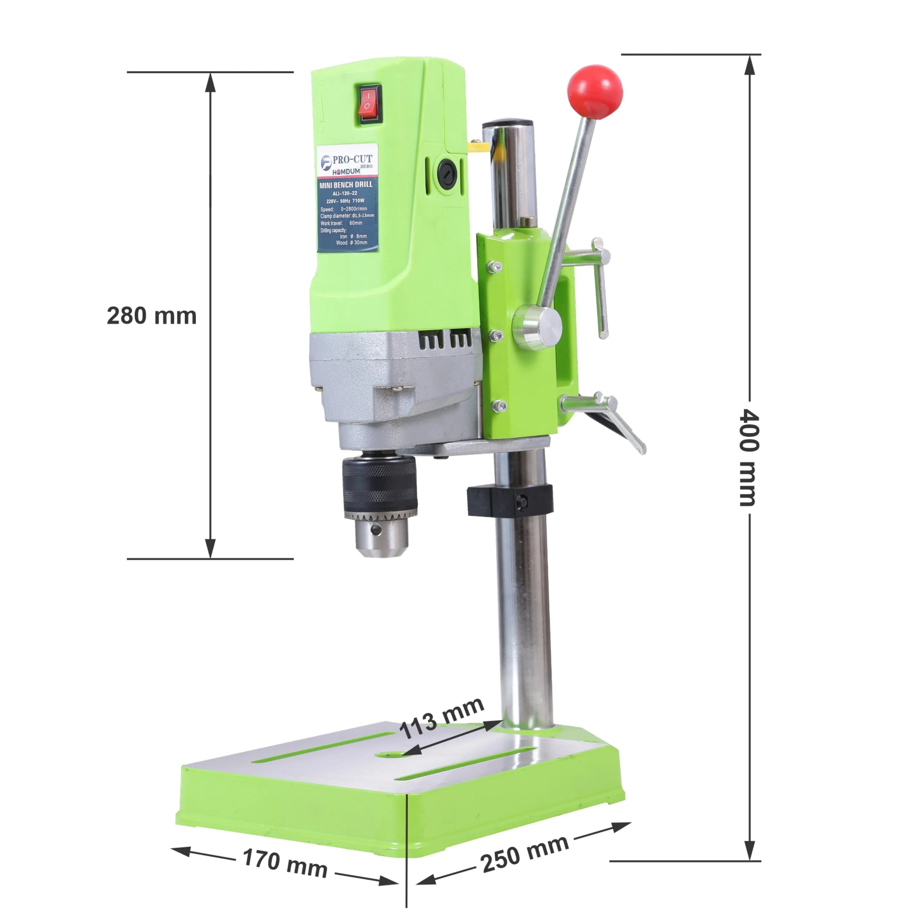 Homdum 710W High speed bench Drilling Machine with 6 Level Speed Variable Drilling - Chuck size 13 mm - Procut Bench Press drill.