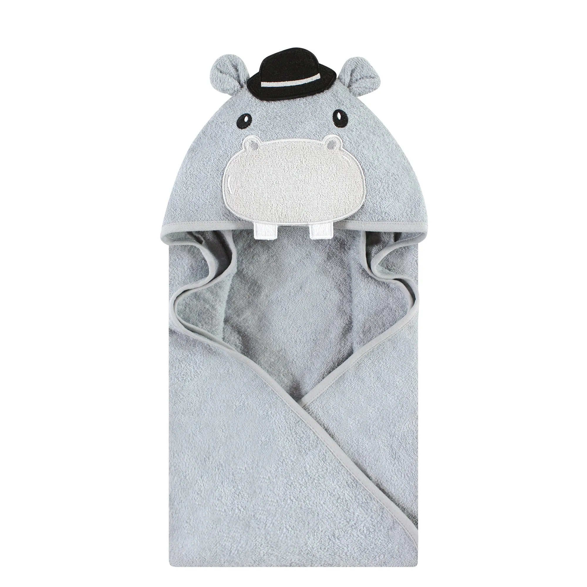 Hudson Baby Cotton Animal Face Hooded Towel, Gray Hippo