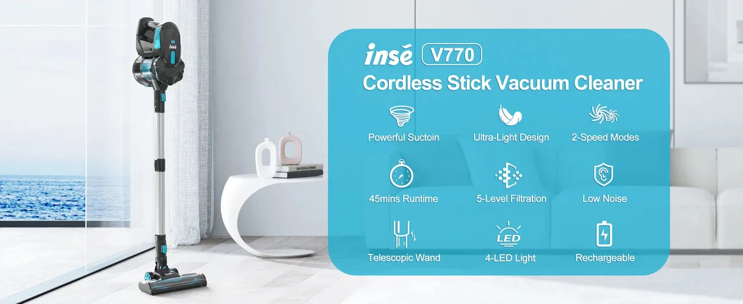 INSE Cordless Vacuum Cleaner, 20KPa Stick Vacuum up to 40min Runtime, 6-in-1 Cordless Stick Vacuum for Household Cleaning