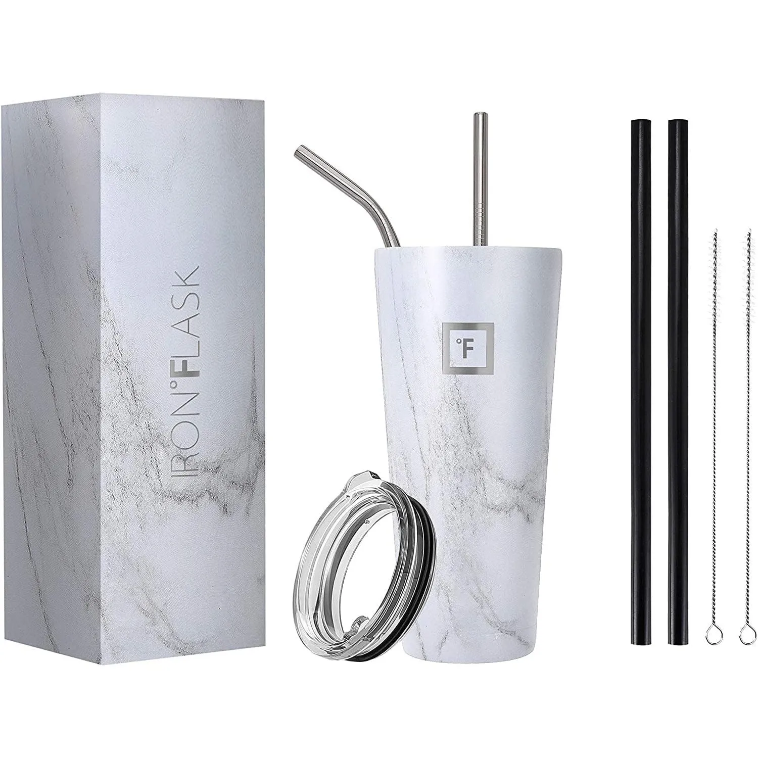 IRON FLASK Vacuum Insulated Stainless Steel Tumbler with Straws, Marble, 32 Ounces