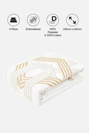 Ivory 3 Piece Geometric Embroidery Duvet Cover Set (King Size)