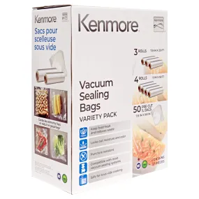 Kenmore Vacuum Sealer Bag & Roll Variety Pack 57 PC (50 Qt 8" x 10", 3 Rolls 8" x 20', 4 Rolls 11" x 16'), Heat-Seal Textured Bags For Nesco, FoodSaver, NutriChef & More, BPA Free Meal Prep Sous-Vide