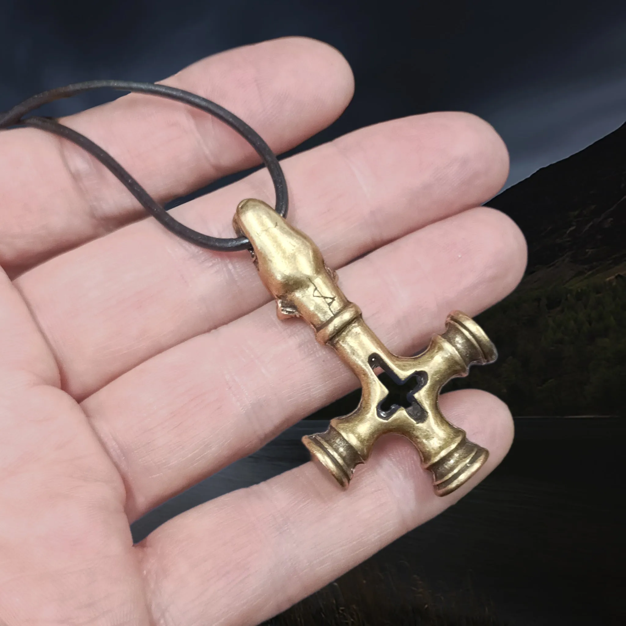 Large Brass Wolf Cross Thors Hammer Pendant