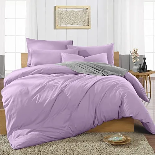 Luxurious & Super Soft 5 Piece Bedsheet Set- 100% Cotton Hotel Luxury Bedding- Flat Sheet, Fitted Sheet, Zipper Duvet Cover & 2 Pillow Cover- 400TC Bedding Set-Lavender Solid Double Size