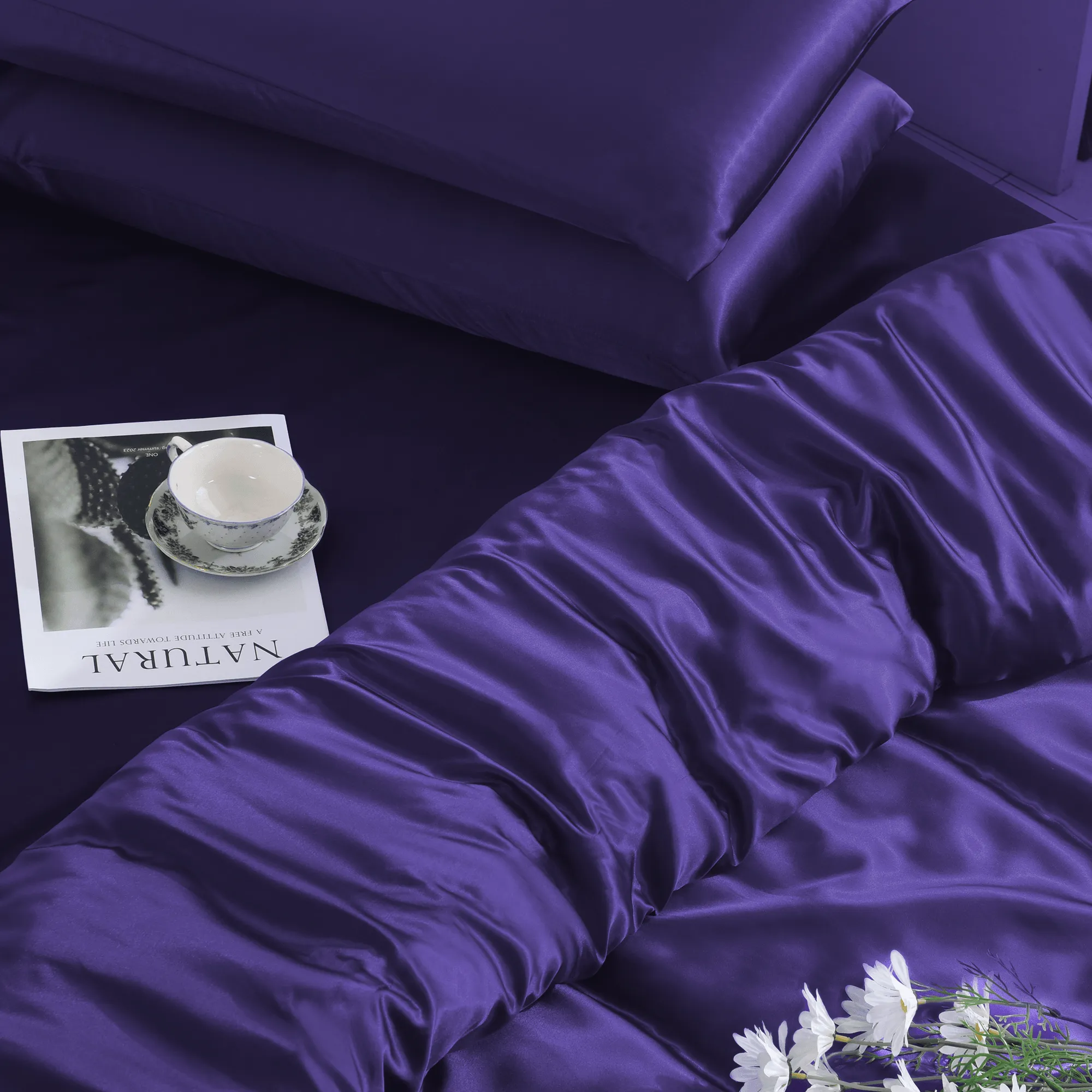 Luxury 3 PCS Satin Silk Duvet Set – Deep Purple Bedding Collection