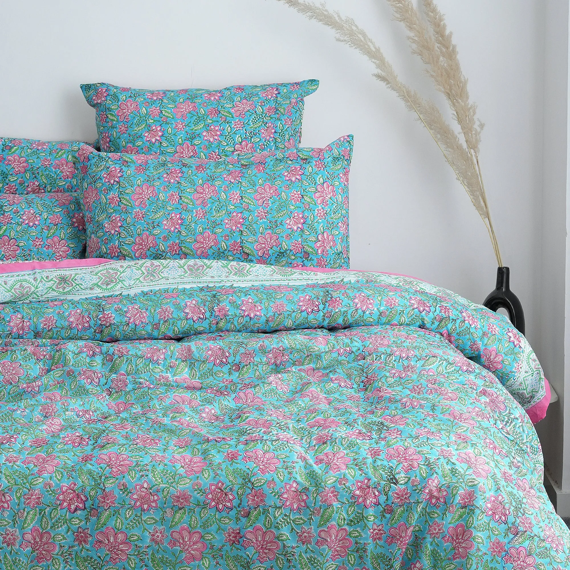 Luxury Sky Blue Floral Block Print Cotton Duvet Cover With Shams