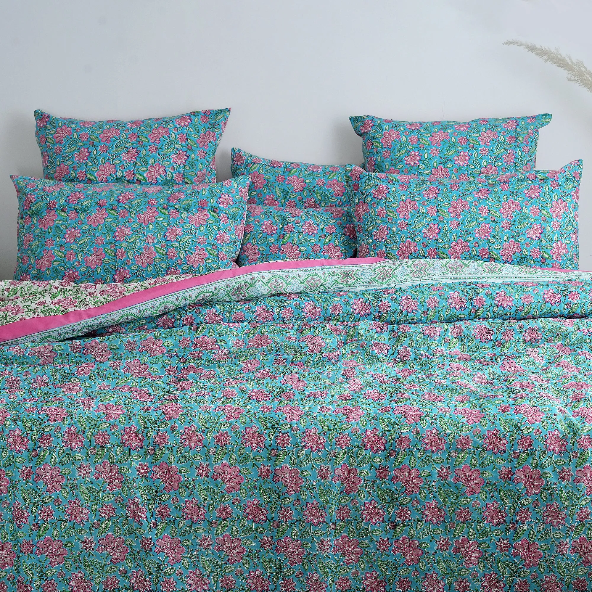 Luxury Sky Blue Floral Block Print Cotton Duvet Cover With Shams