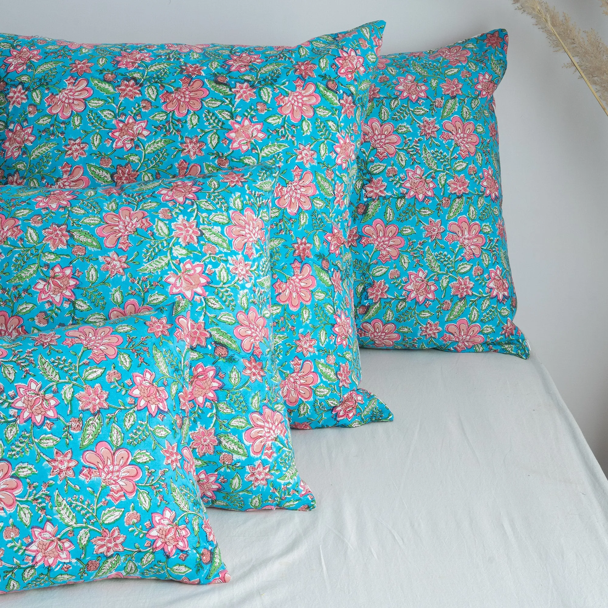 Luxury Sky Blue Floral Block Print Cotton Duvet Cover With Shams