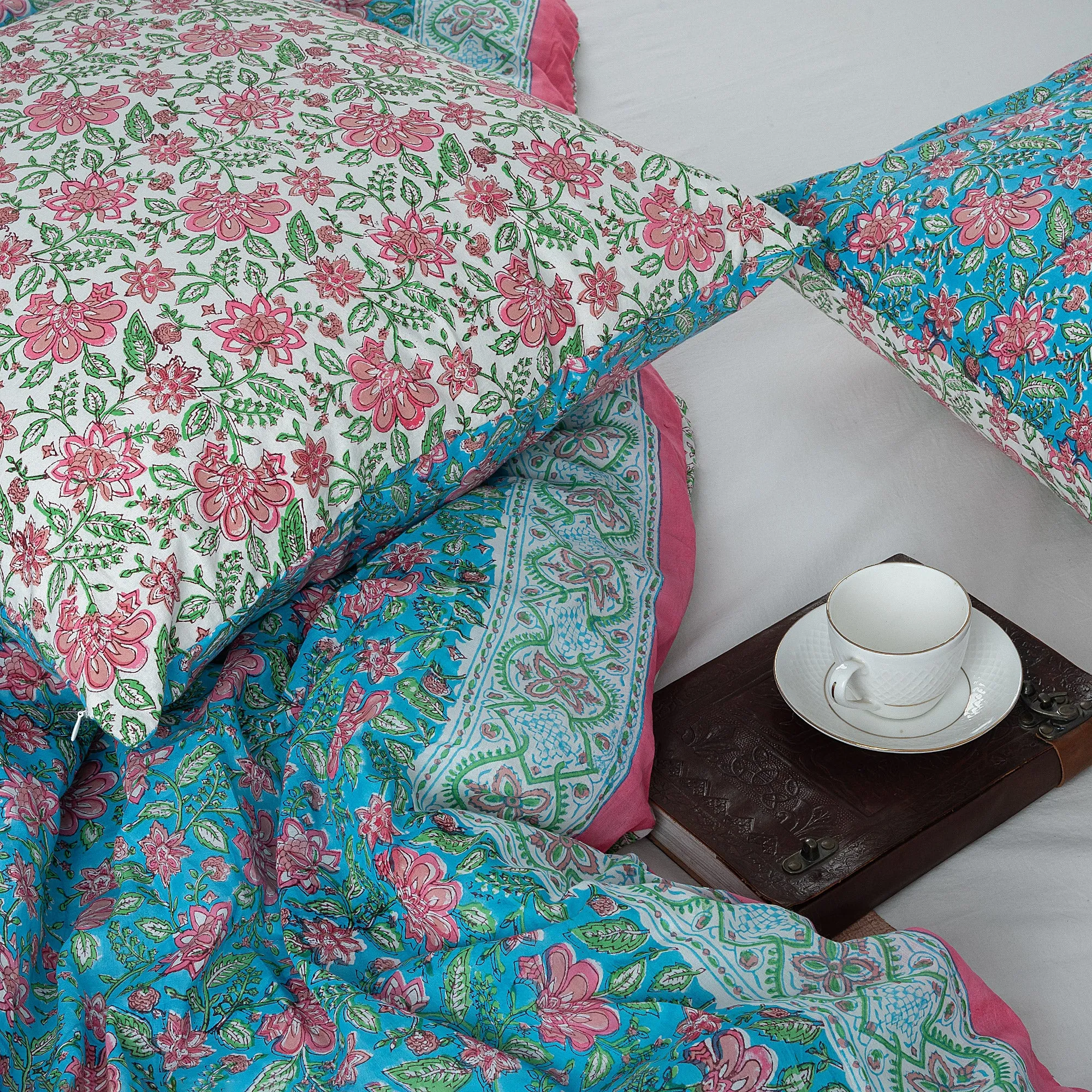 Luxury Sky Blue Floral Block Print Cotton Duvet Cover With Shams