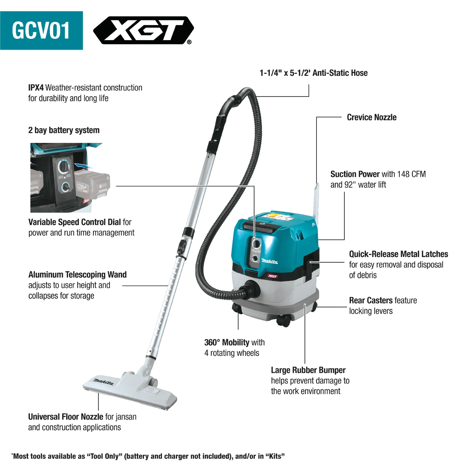 Makita 40V Max XGT GCV01Z Brushless Cordless 2.1 Gallon Wet/Dry Dust Extractor/Vacuum (Bare Tool)