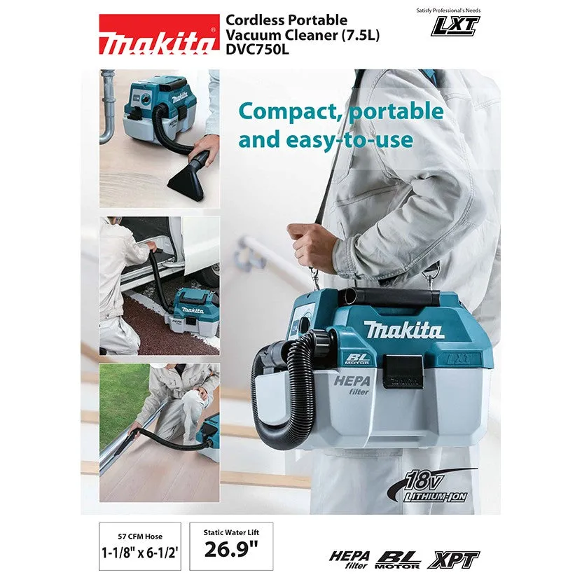 Makita DVC750LZ 18V LXT Brushless Cordless 7.5L Portable Wet/Dry Vacuum Cleaner w/XPT