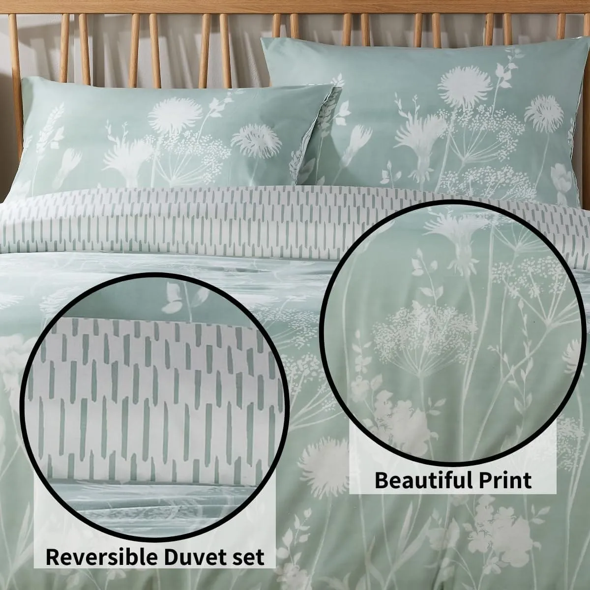 Meadow Sage Green Reversible Duvet Cover Set with Pillowcases Easy Care Durable Polyester Stylish Quilted Design Single Double King by OLIVIA ROCCO