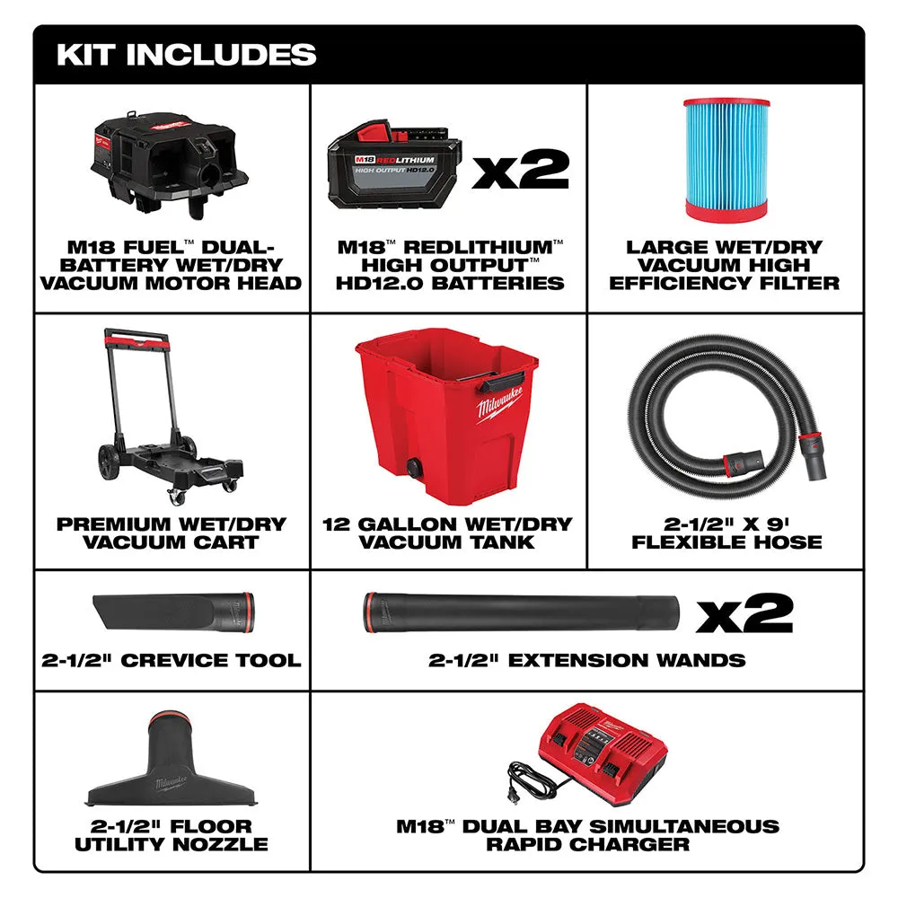 Milwaukee 0930-22HD M18 FUEL 12-Gallon Dual-Battery Wet/Dry Vacuum Kit