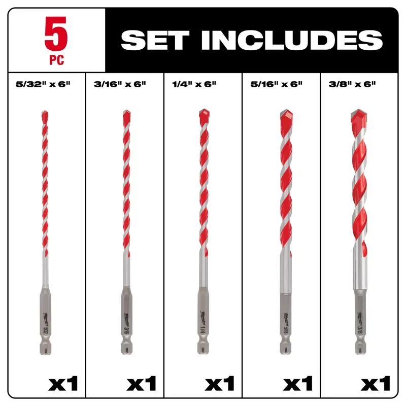 Milwaukee Shockwave 6 in. L Carbide Hammer Drill Bit Set Hex Shank 5 pc