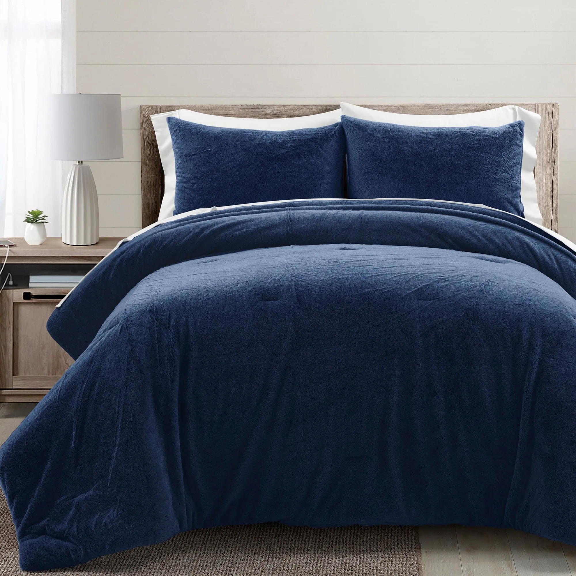 Modern Solid Ultra Soft Faux Fur Comforter Bed In A Bag