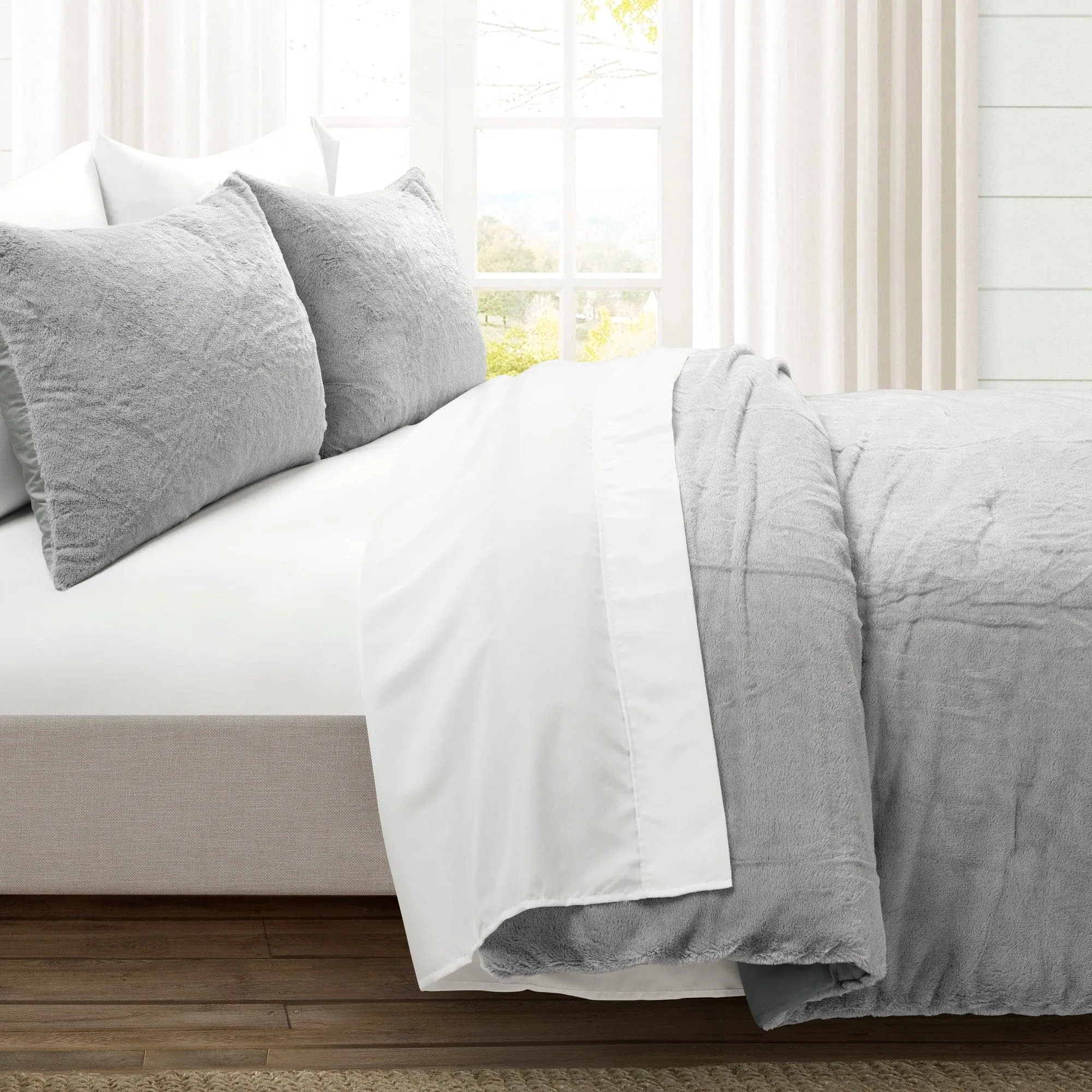 Modern Solid Ultra Soft Faux Fur Comforter Bed In A Bag