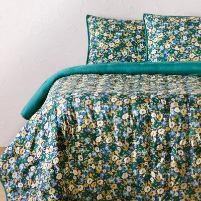 New - Opalhouse Jungalow Quilt Set Woven Floral Lightweight, Blue, Twin/TwinXL