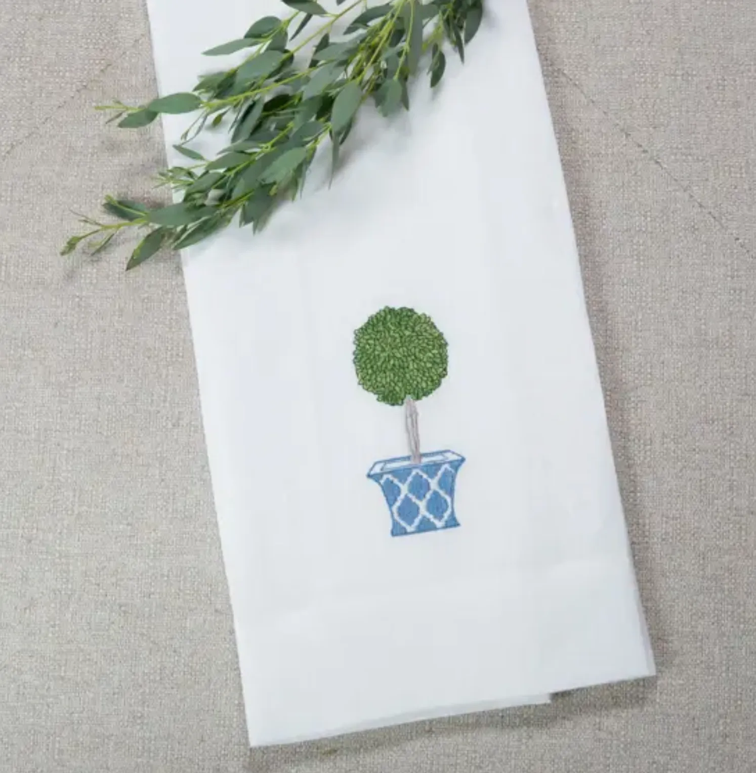 One Pair (2) Boxwood Topiary Crown Linen Embroidered Linen Towels