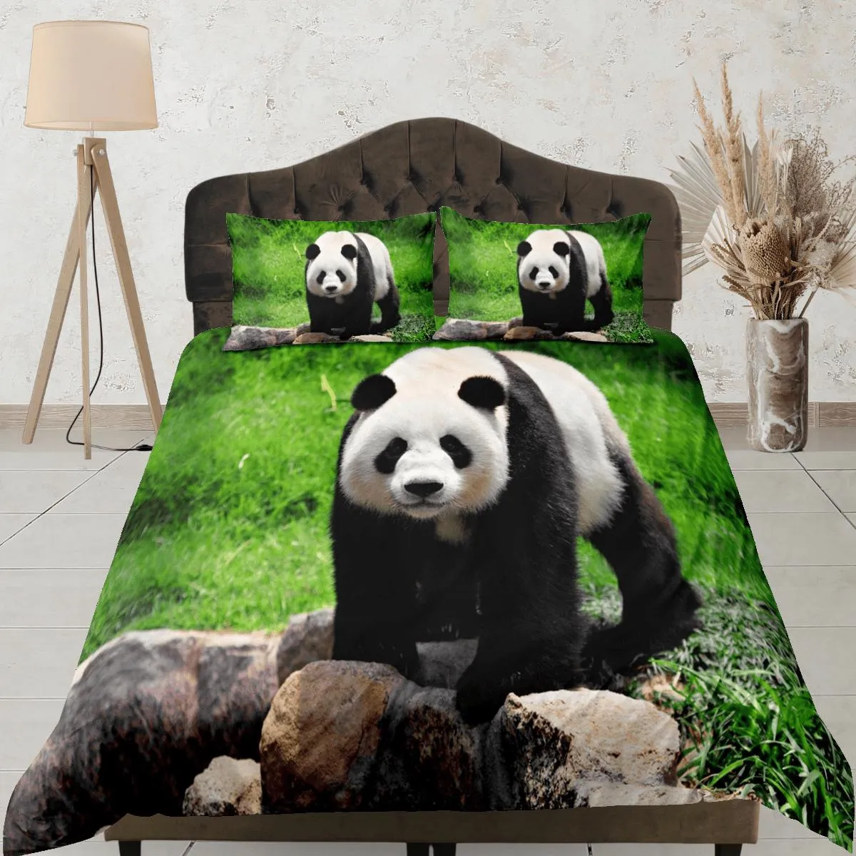 Panda in grassland duvet cover kids, bedding set full, king, queen, dorm bedding, toddler bedding, aesthetic bedspread, panda lovers gift