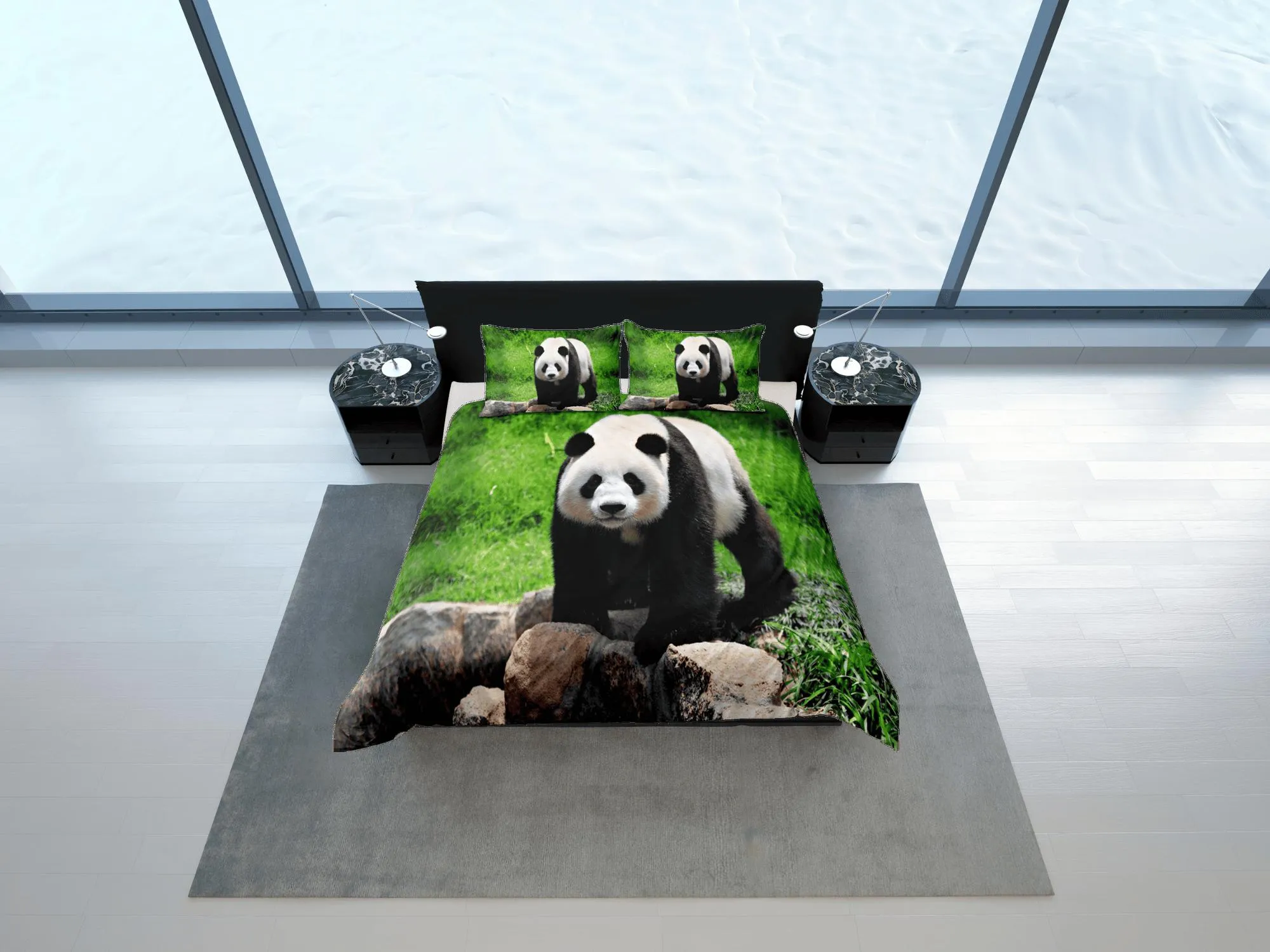 Panda in grassland duvet cover kids, bedding set full, king, queen, dorm bedding, toddler bedding, aesthetic bedspread, panda lovers gift