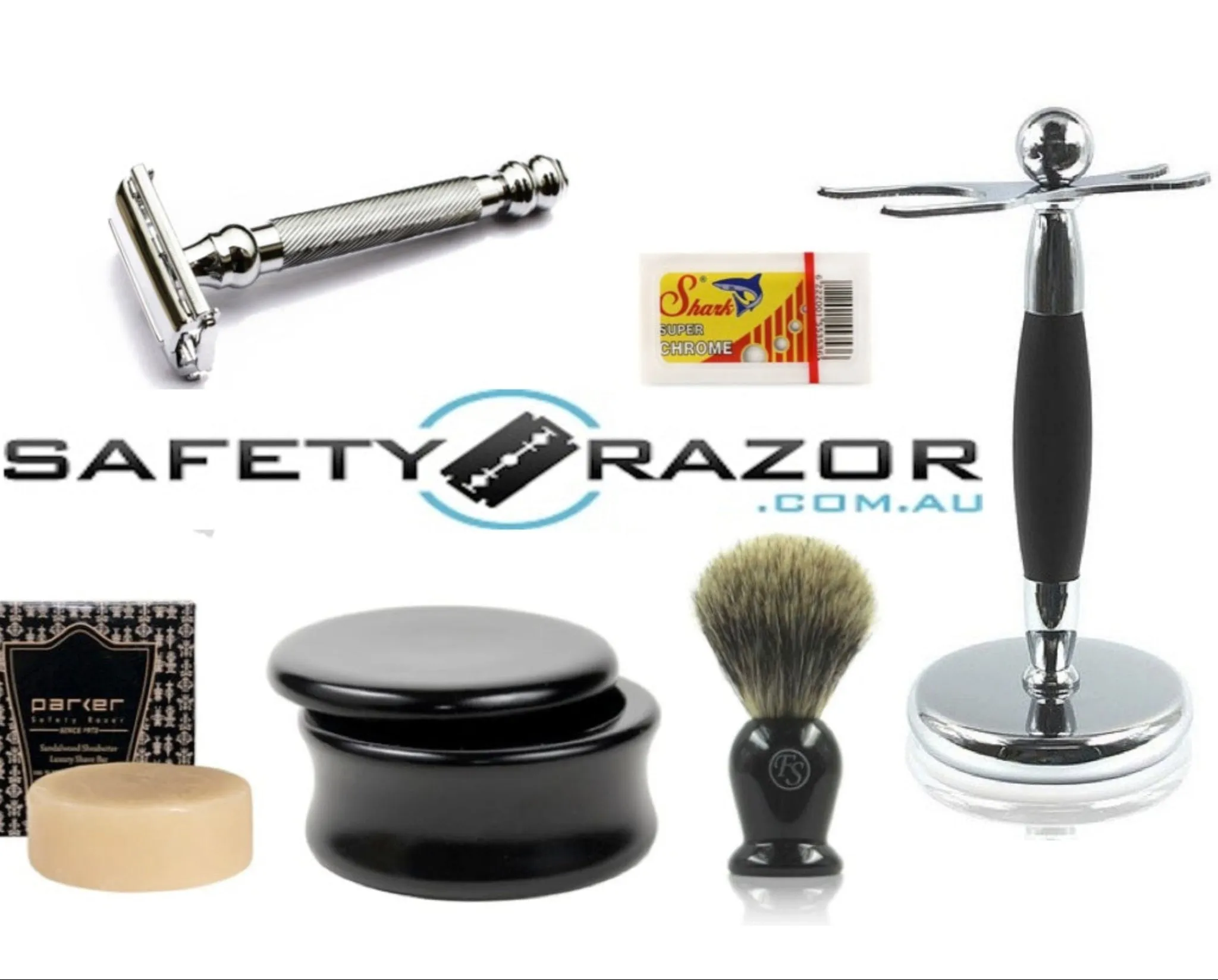 Parker 99R Safety Razor, Blades, Stand, Wooden Bowl, Soap and Badger Hair Brush