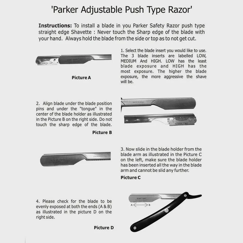 Parker - PTABK Professional Barber Razor, Push Type, Adjustable, Black