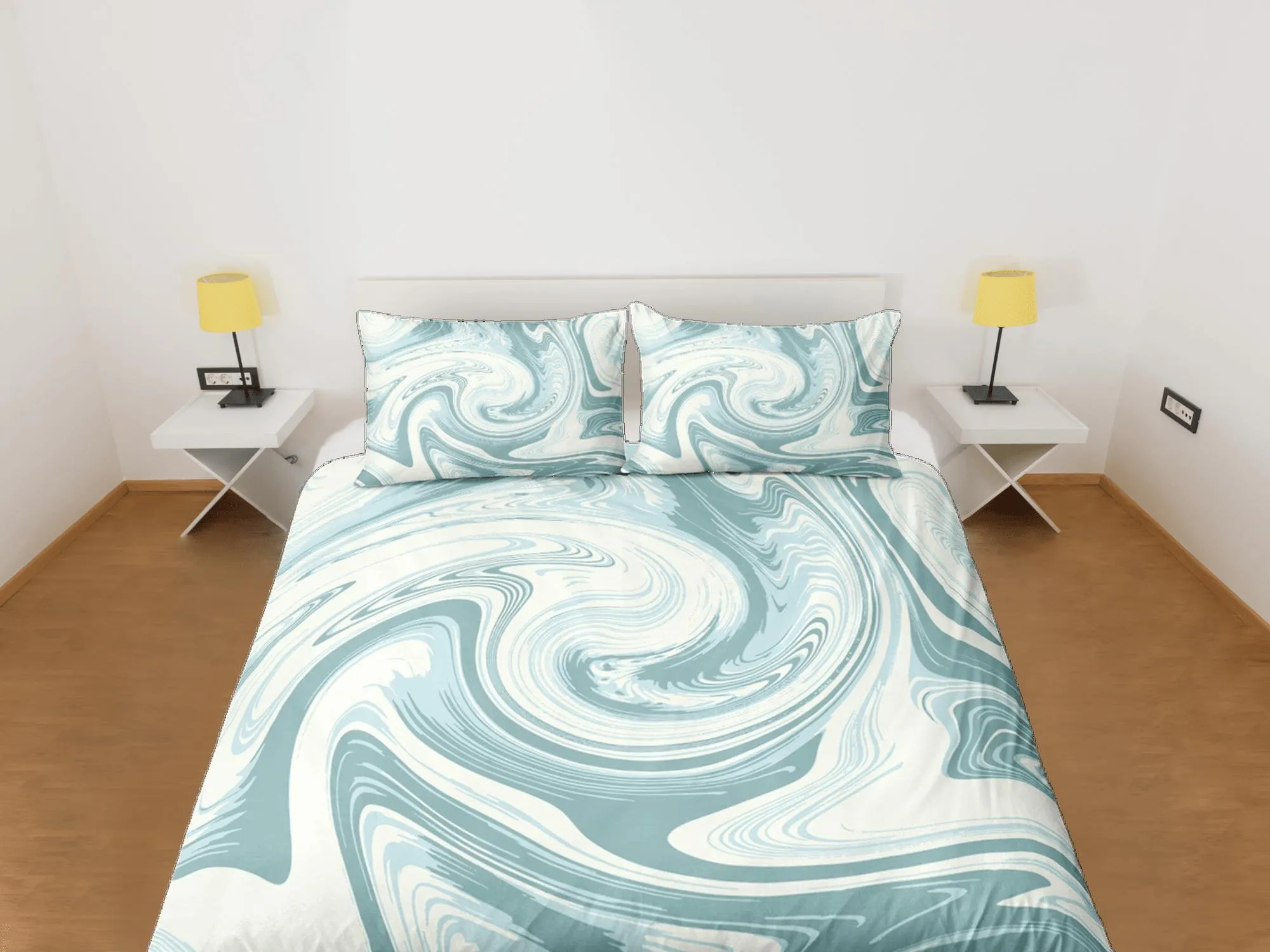 Pastel green contemporary bedroom set aesthetic duvet cover, marble abstract art room decor boho chic bedding set full king queen