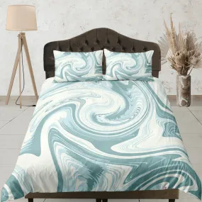 Pastel green contemporary bedroom set aesthetic duvet cover, marble abstract art room decor boho chic bedding set full king queen