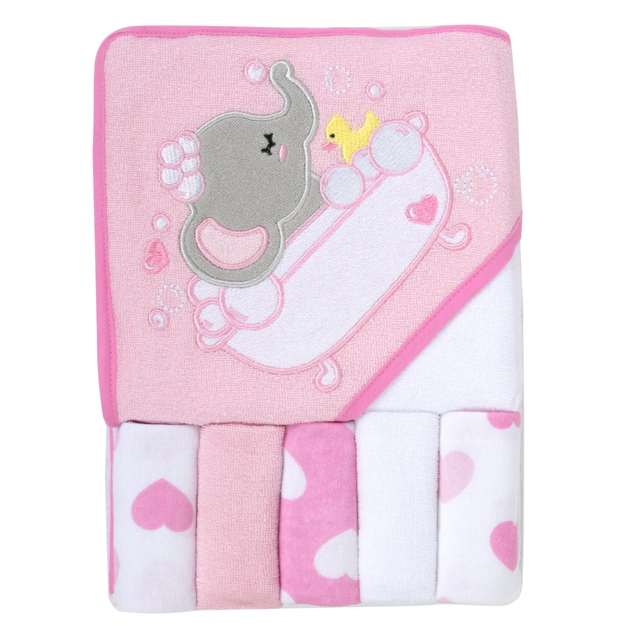 Pink Elephant Hooded Bath Towel & 5 Wash Cloth Baby Bath Sets