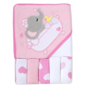 Pink Elephant Hooded Bath Towel & 5 Wash Cloth Baby Bath Sets