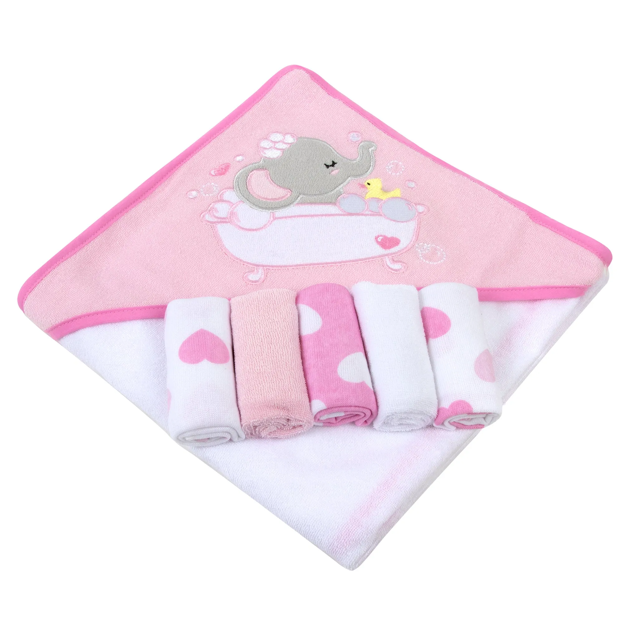 Pink Elephant Hooded Bath Towel & 5 Wash Cloth Baby Bath Sets