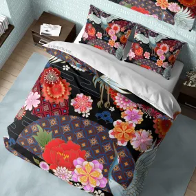 Plum Blossom Duvet Cover Japanese Flower Quilt Cover, Camellia Bedding Set Colorful Bedspread Girly Bedroom Blanket Cover