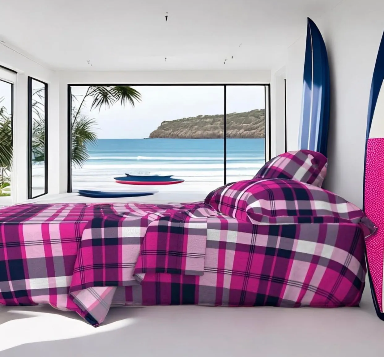 Preppy Surfer Girl Navy Blue and Hot Pink Plaid Duvet Cover