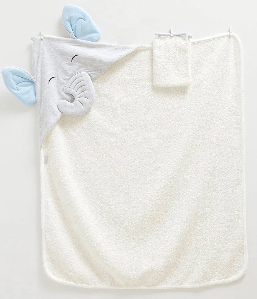 Pretty Elephant Cotton Towel with Mitt - White