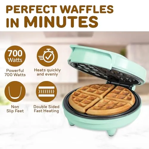 Primalite Classic 8” Waffle Maker Machine- 700 Watts | Stainless Steel Non-Stick Cooking Plates & Cool Touch Handle | Belgian Round Electric Iron | Indicator Light & Easy to use- Mint Green