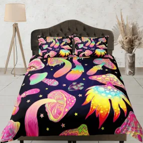 Psychedelic pink mushrooms duvet cover hippie bedding set full, queen, king, preppy dorm bedding, indie room decor, aesthetic bedspread y2k