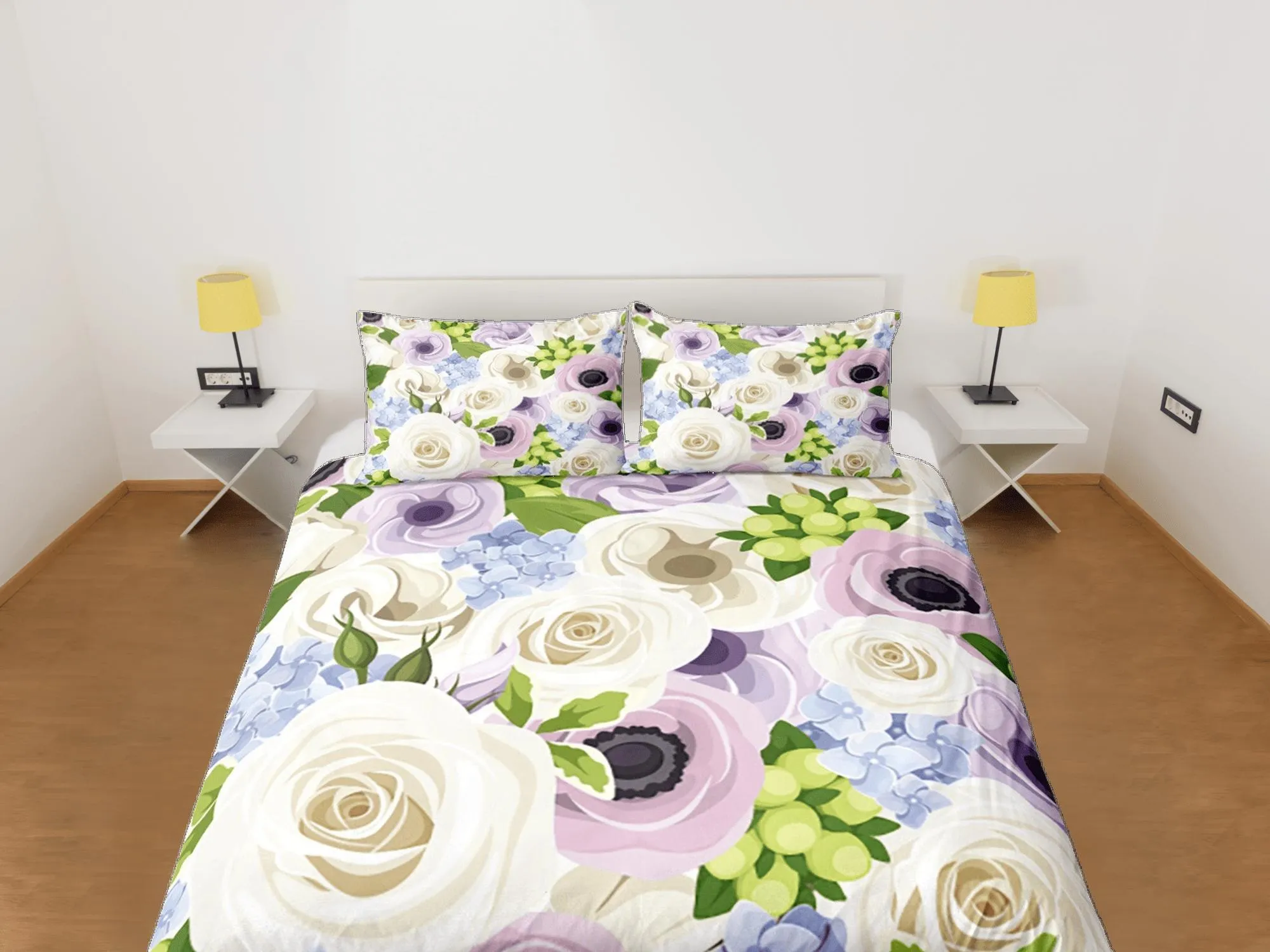 Roses Duvet Cover Set Colorful Girly Bedspread, Floral Dorm Bedding Pillowcase