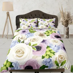 Roses Duvet Cover Set Colorful Girly Bedspread, Floral Dorm Bedding Pillowcase